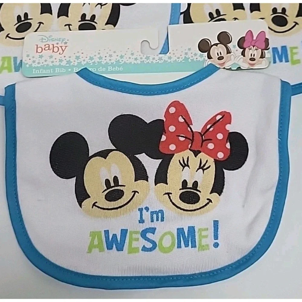 Mickey Minnie Mouse Terry Infant Baby‎ Bibs Blue I'm Awesome Lot of 3  NWT